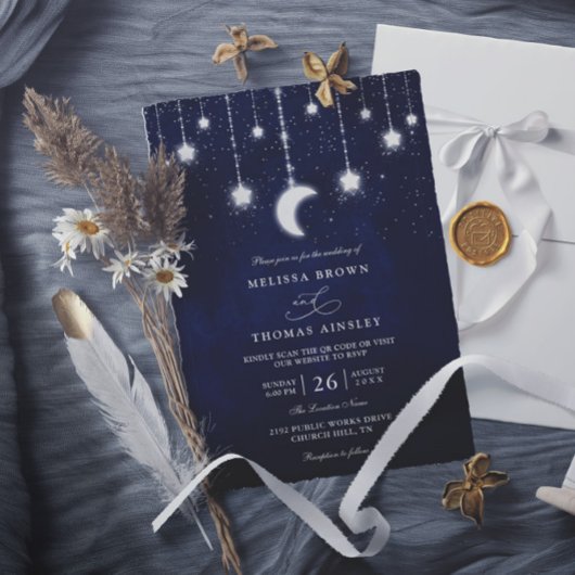 Invitation Celestial Moon Stars String Lights QR Code Wedding