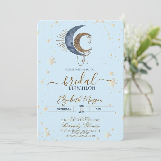 Invitation Celestial Moons,Stars Light Blue Bridal Luncheon (Debout devant)