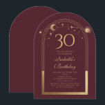 Invitation Celestial Red Gold Sun Moon Stars 30e anniversaire<br><div class="desc">Celestial Red Gold Sun Moon Astronomy 30th Birthday Invitations présente un élégant soleil doré, une lune et des étoiles avec un cadre doré sur un arrière - plan rose-rouge profond. A l'intérieur, vous avez vos informations d'invitation personnalisées pour le trentième anniversaire. Personnalisez en modifiant le texte dans les zones de...</div>