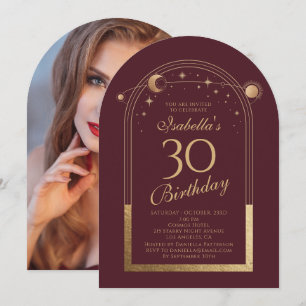 Invitation Celestial Red Gold Sun Moon Stars 30e anniversaire