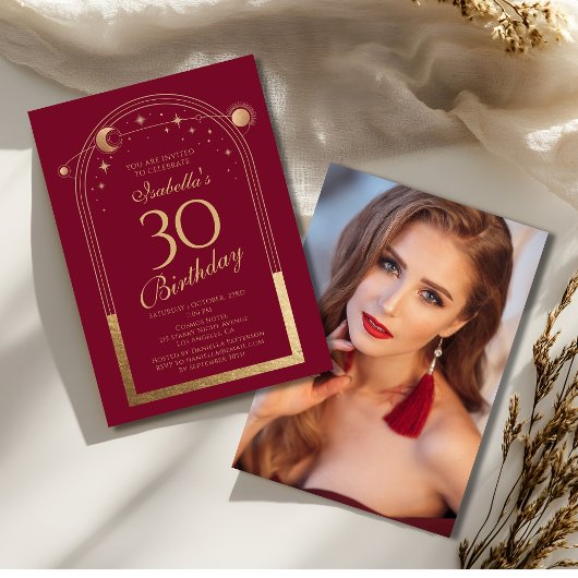 Invitation Celestial Red Gold Sun Moon Stars 30e anniversaire
