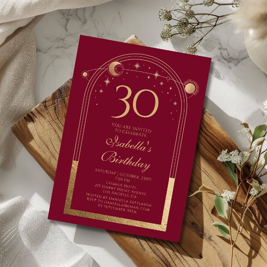 Invitation Celestial Red Gold Sun Moon Stars 30e anniversaire