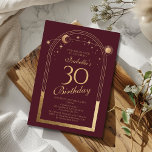 Invitation Celestial Red Gold Sun Moon Stars 30e anniversaire<br><div class="desc">Celestial Red Gold Sun Moon Astronomy 30th Birthday Invitations présente un élégant soleil doré, une lune et des étoiles avec un cadre doré sur un arrière - plan rose-rouge profond. A l'intérieur, vous avez vos informations d'invitation personnalisées pour le trentième anniversaire. Personnalisez en modifiant le texte dans les zones de...</div>