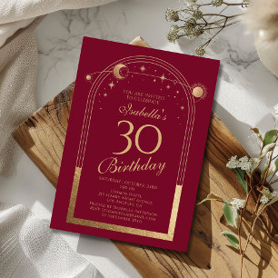 Invitation Celestial Red Gold Sun Moon Stars 30e anniversaire
