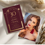Invitation Celestial Red Gold Sun Moon Stars 30e anniversaire<br><div class="desc">Star Red Gold Sun Moon Astronomy 30th Birthday Photo Invitations présente un élégant soleil doré, une lune et des étoiles avec un cadre doré sur un arrière - plan rose-rouge profond. A l'intérieur, vous avez vos informations d'invitation personnalisées pour le trentième anniversaire. Au verso, ajoutez votre photo préférée. Conçu pour...</div>