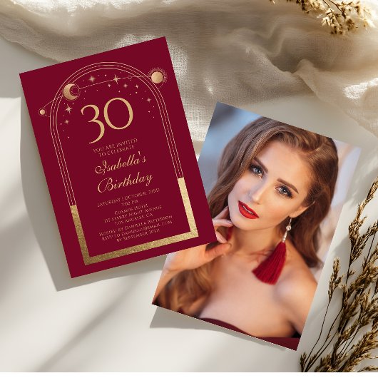 Invitation Celestial Red Gold Sun Moon Stars 30e anniversaire