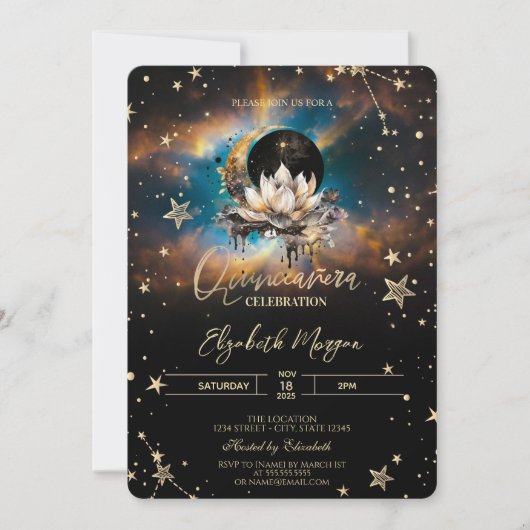 Invitation Celestial Sun,Moon Lotus Stars Quinceanera (Devant)