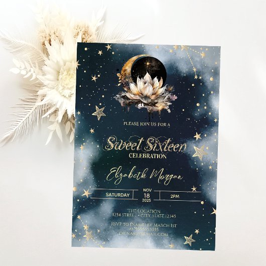 Invitation Celestial Sun,Moon,Stars Lotus Sky Sweet 16