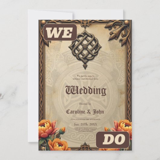 Invitation Celtic art and floral splendor in warm tones.  (Devant)