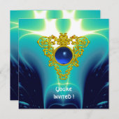 Invitation CELTIC HEART bleu vif, champagne jaune (Devant / Derrière)