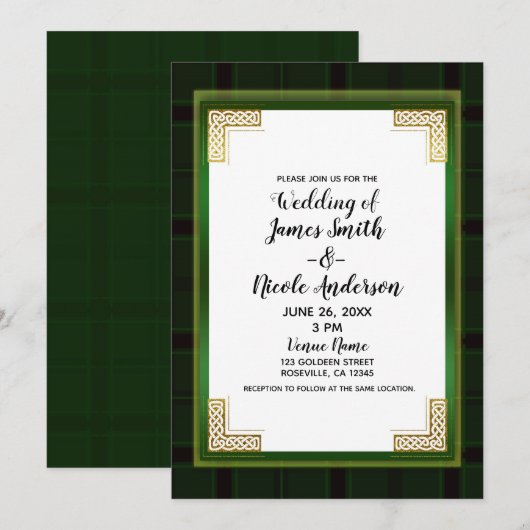 Invitation Celtic Vert Or Carreaux Tartan Blanc Mariage Irlan (Devant / Derrière)