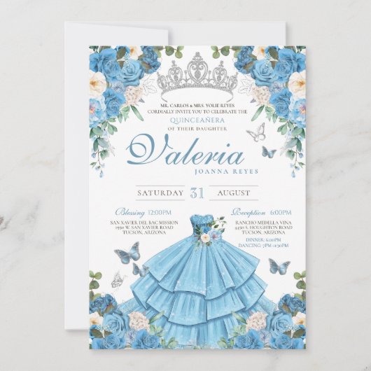 Invitation Cendrillon Bleu Argent papillon princesse Annivers (Devant)