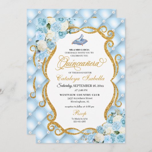 Invitation Cendrillon bleu Chaussure en verre Princesse Quinc (Devant / Derrière)