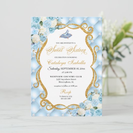 Invitation Cendrillon bleu Chaussure en verre Princesse Sweet (Debout devant)