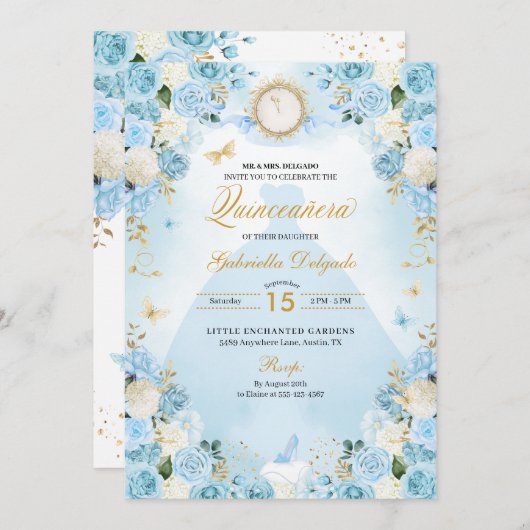 Invitation Cendrillon bleu clair Princesse Robe Quinceanera (Devant / Derrière)