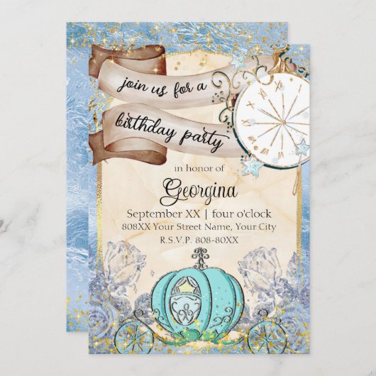 Invitation Cendrillon bleu enchanté (Devant / Derrière)