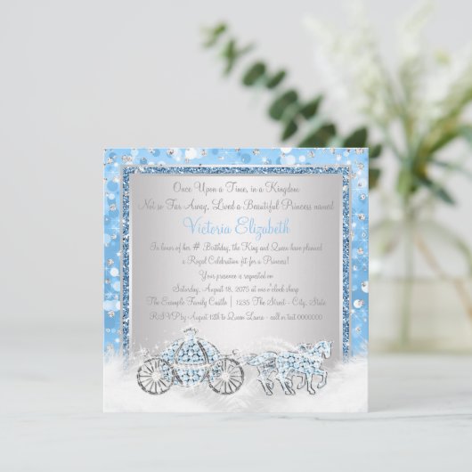 Invitation Cendrillon bleu et argent Princesse Anniversaire (Debout devant)
