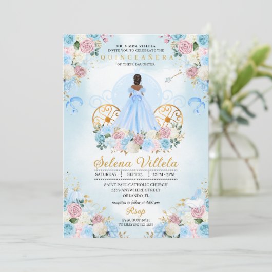 Invitation Cendrillon bleu et rose Carriage Quinceañera (Debout devant)