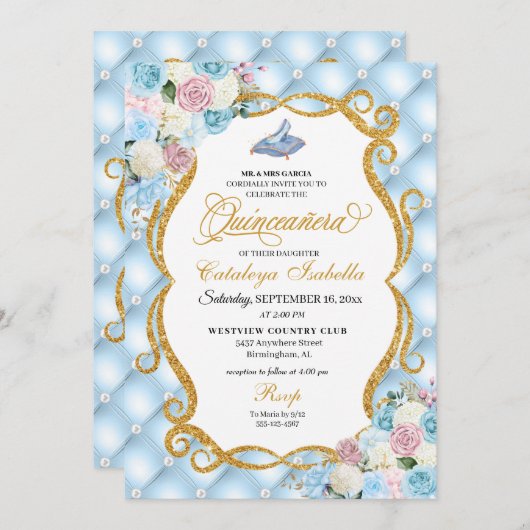 Invitation Cendrillon Bleu et rose Chaussure en verre Quincea (Devant / Derrière)