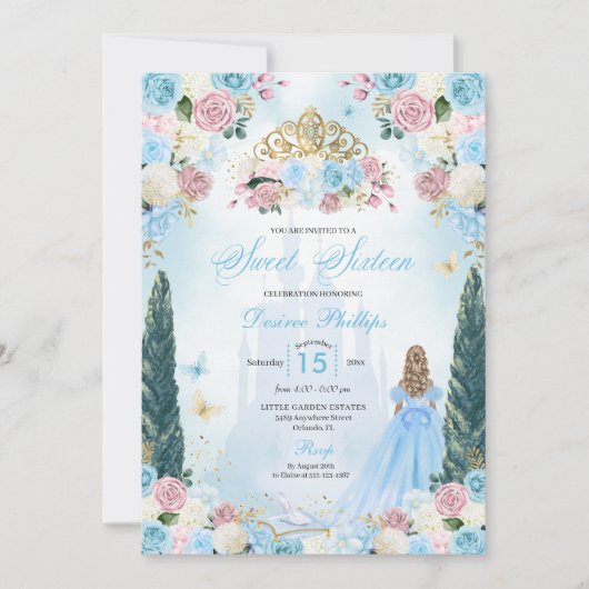 Invitation Cendrillon bleu et rose Fairytale Princess Sweet 1 (Devant)