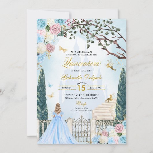 Invitation Cendrillon bleu et rose Jardin magique Quinceanera (Devant)