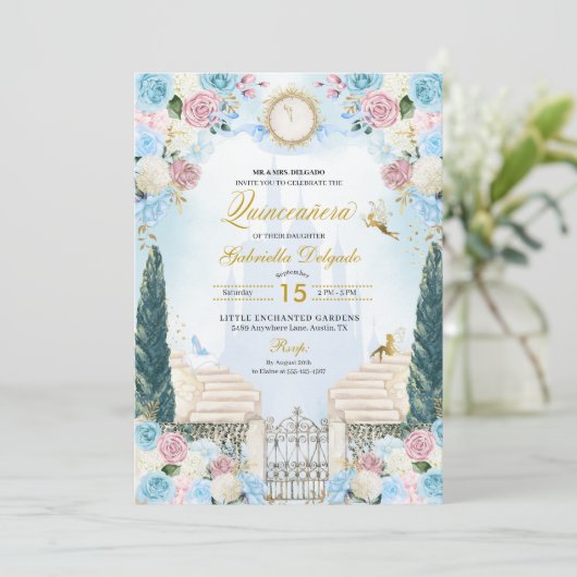 Invitation Cendrillon bleu et rose Princesse Fairy Quinceaner (Debout devant)