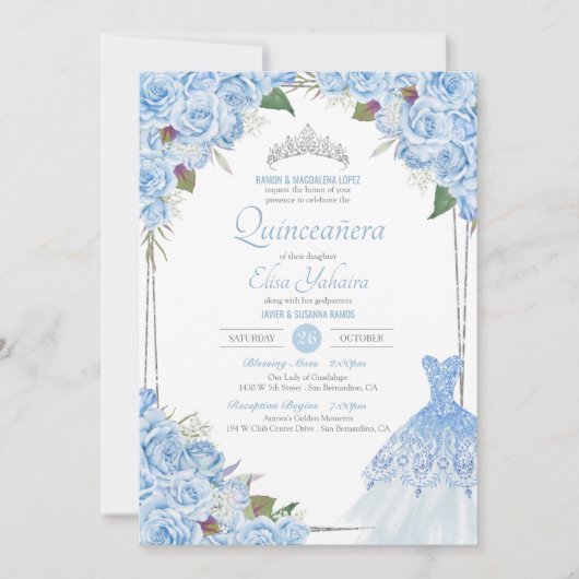 Invitation Cendrillon Bleu Glamour Quinceanera (Devant)