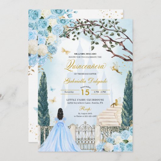 Invitation Cendrillon Bleu Jardin enchanté Quinceanera (Devant / Derrière)