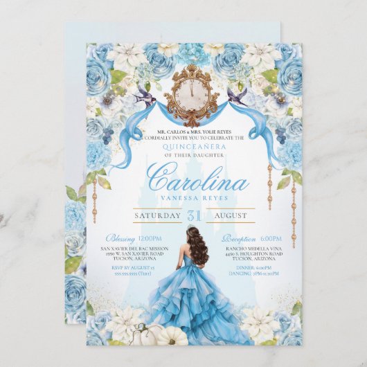 Invitation Cendrillon Bleu Luxe Princesse Quinceanera (Devant / Derrière)