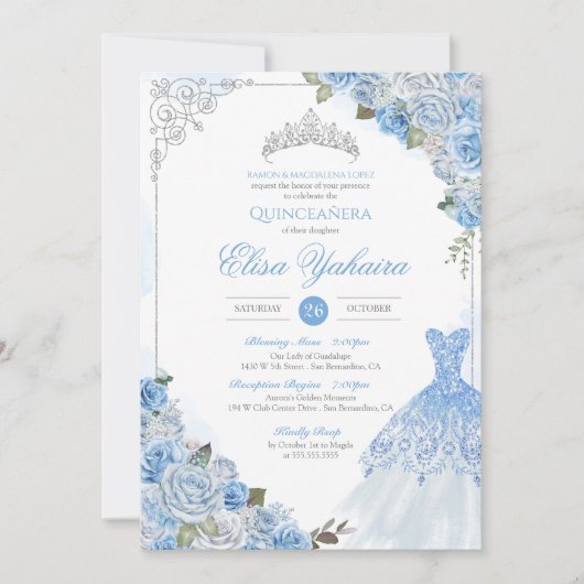 Invitation Cendrillon Bleu Rose Argent Princesse Quinceanera (Devant)