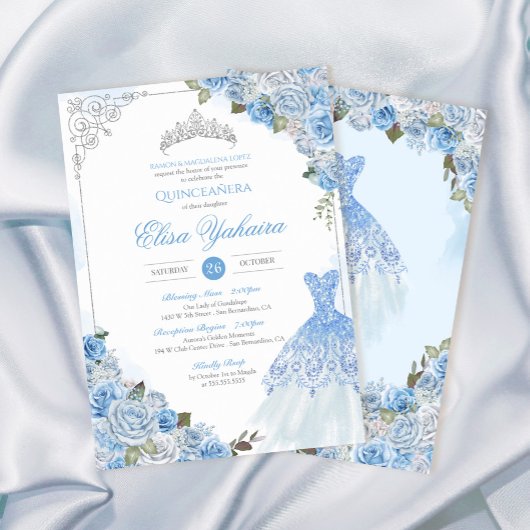 Invitation Cendrillon Bleu Rose Argent Princesse Quinceanera