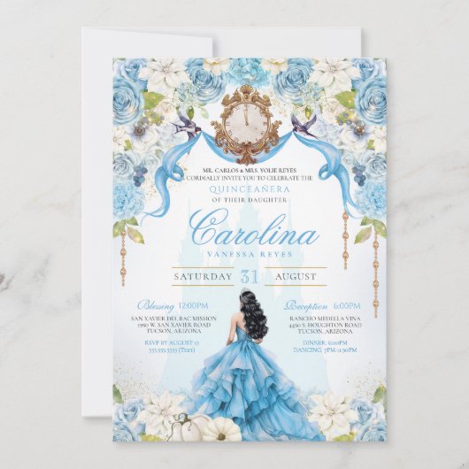 Invitation Cendrillon Bleu Rose Luxe Princesse Quinceanera (Devant)