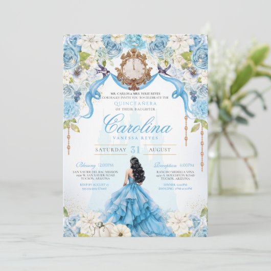 Invitation Cendrillon Bleu Rose Luxe Princesse Quinceanera (Debout devant)