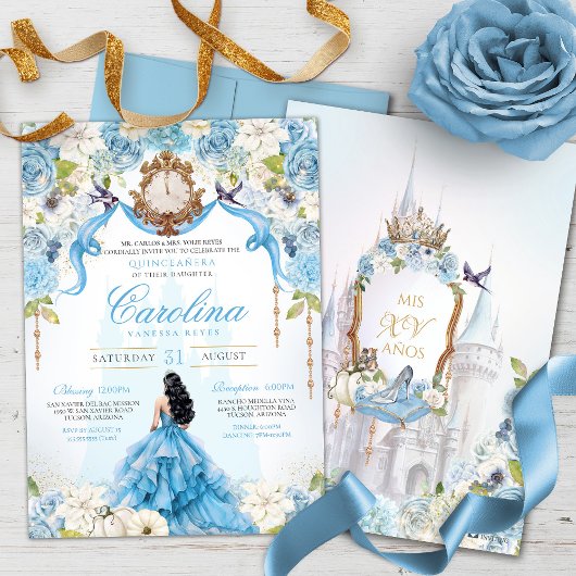 Invitation Cendrillon Bleu Rose Luxe Princesse Quinceanera
