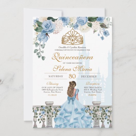 Invitation Cendrillon Bleu Roses & Or Princesse Quinceañera (Devant)