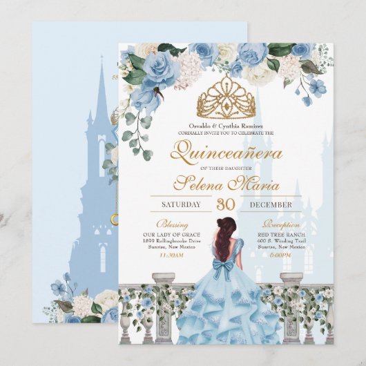 Invitation Cendrillon Bleu Roses & Or Princesse Quinceañera (Devant / Derrière)