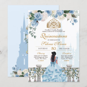 Invitation Cendrillon Bleu Roses & Or Princesse Quinceañera