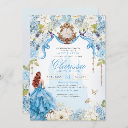 Invitation Cendrillon Bleu Royal Sweet 16 Princesse Anniversa (Devant / Derrière)