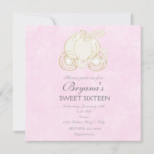 Invitation Cendrillon Carrosse Doré Princesse Rose (Devant)