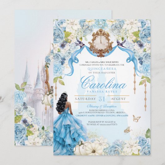 Invitation Cendrillon Elégant Rose Bleu Princesse Quinceanera (Devant / Derrière)