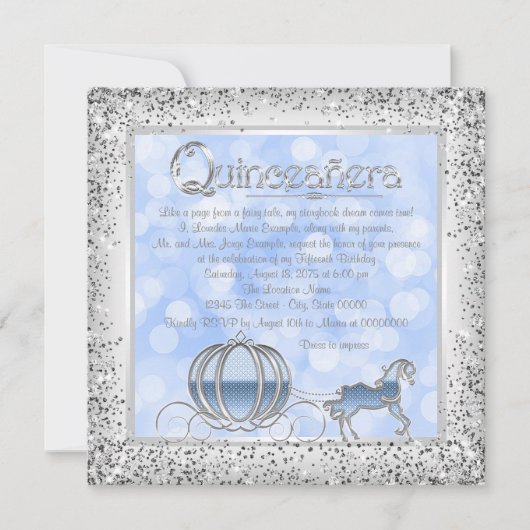 Invitation Cendrillon en argent bleu Princesse Quinceanera (Devant)