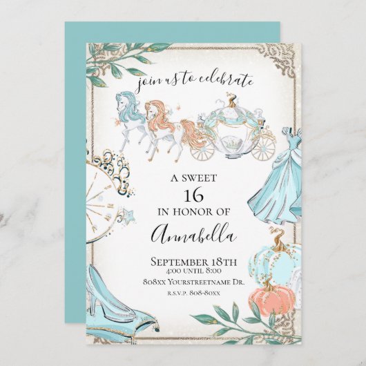 Invitation Cendrillon flamboyant Transport de contes de fées (Devant / Derrière)