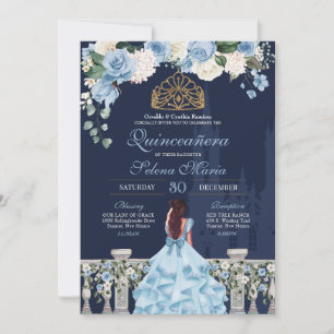 Invitation Cendrillon Marine Bleu Floral Princesse Quinceañer