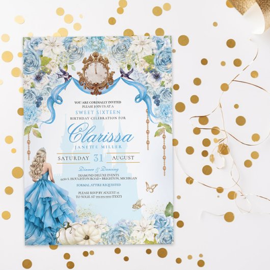 Invitation Cendrillon Princesse Bleu clair et or doux 16