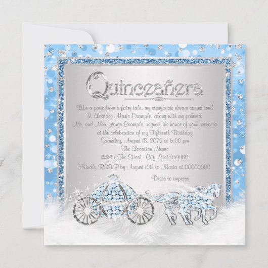 Invitation Cendrillon Princesse Quinceanera Argent Bleu (Devant)