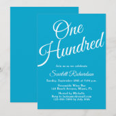 Invitation Cent Script Aqua Blue 100e fête d'anniversaire (Devant / Derrière)