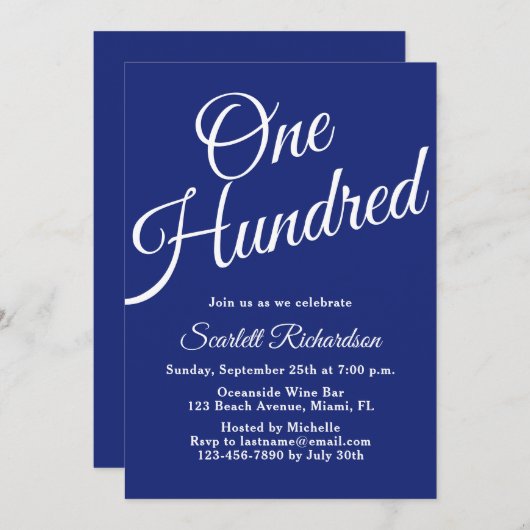 Invitation Cent Script Marine Bleu 100e fête d'anniversaire (Devant / Derrière)