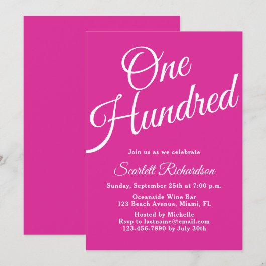 Invitation Cent Script rose 100e fête d'anniversaire (Devant / Derrière)