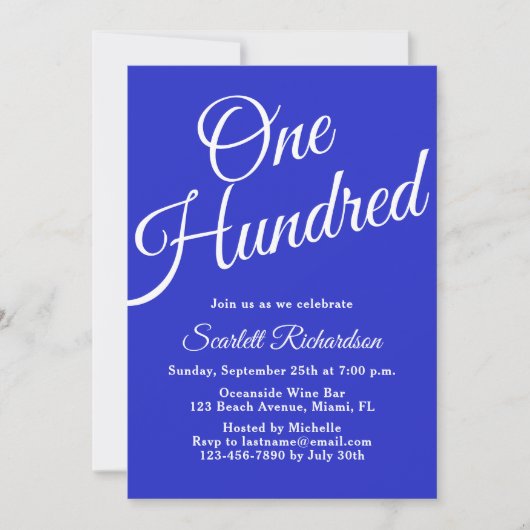 Invitation Cent Script Royal Blue 100e fête d'anniversaire (Devant)