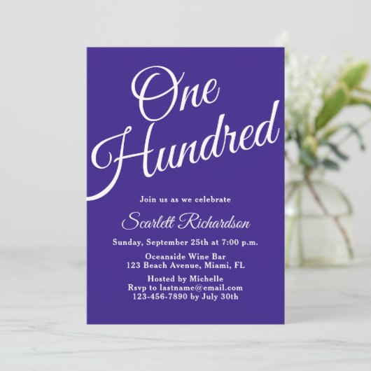 Invitation Cent Script violet 100e fête d'anniversaire (Debout devant)